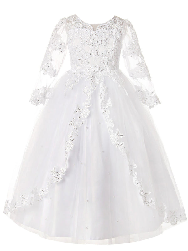 Rainkids Girls White Long Sleeve Lace Sequins Plus Size Communion Dress 7.5-16.5 - SophiasStyle.com