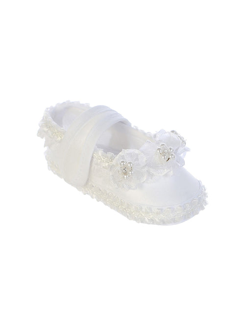 Tip Top Kids Baby Girls White Pearls Flower Strap Baptism Shoes S-L - SophiasStyle.com