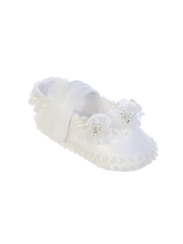 Tip Top Kids Baby Girls White Pearls Flower Strap Baptism Shoes S-L - SophiasStyle.com