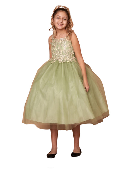 Flower Girl Dress with Gold Embroidered Top and Tulle Overlay Skirt, Sizes 2-16 - SophiasStyle.com