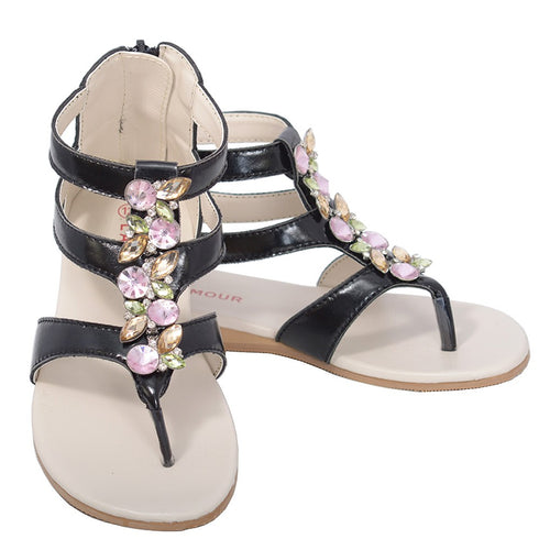 L'Amour Black Jeweled Gladiator T Strap Sandal Toddler Girl 7-10 - SophiasStyle.com