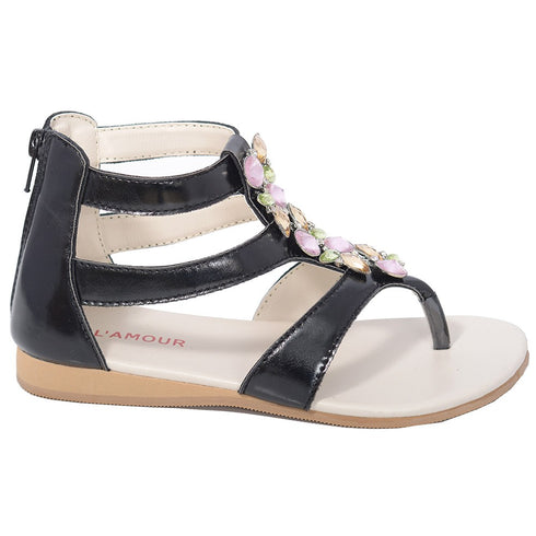 L'Amour Black Jeweled Gladiator T Strap Sandal Little Girl 11-4 - SophiasStyle.com