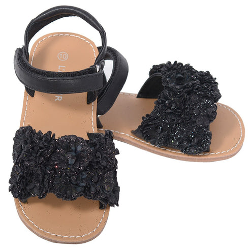 L'Amour Black Sparkle Flower Strap Summer Sandal Little Girl 11-2 - SophiasStyle.com