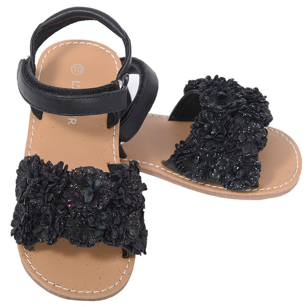 L'Amour Black Sparkle Flower Summer Sandal Toddler Girl 5-10 - SophiasStyle.com