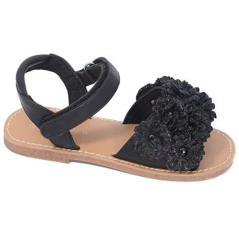 L'Amour Black Sparkle Flower Strap Summer Sandal Little Girl 11-2 - SophiasStyle.com
