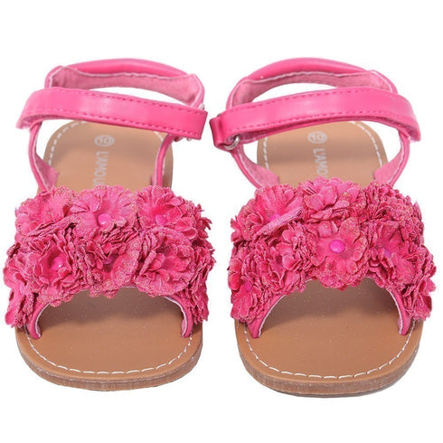 L'Amour Fuchsia Sparkle Flower Strap Summer Sandal Little Girl 11-2 - SophiasStyle.com