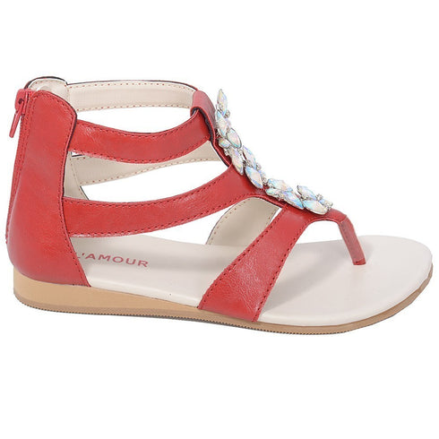 L'Amour Red Jeweled Gladiator T Strap Sandal Little Girl 11-4 - SophiasStyle.com