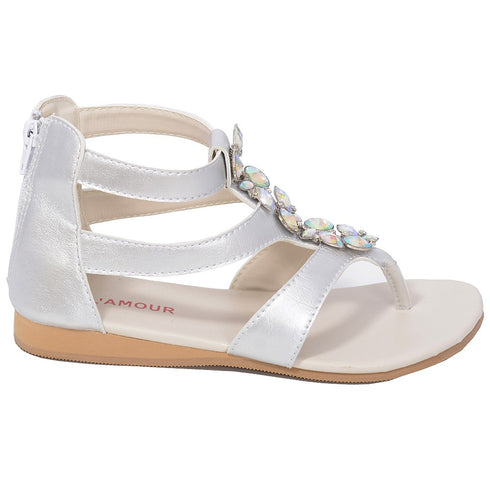L'Amour Silver Jeweled Gladiator T Strap Sandal Toddler Girl 7-10 - SophiasStyle.com