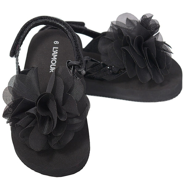 L'Amour Black Sequin Strap Flower Flip Flop Sandals Toddler Girls 5-10 - SophiasStyle.com