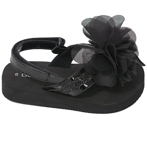 L'Amour Black Sequin Strap Flower Flip Flop Sandals Toddler Girls 5-10 - SophiasStyle.com