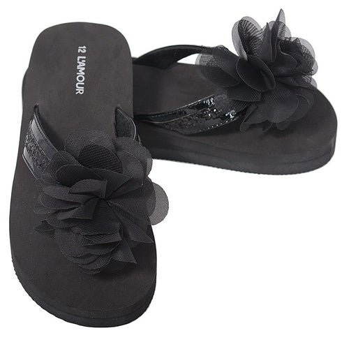 L'Amour Black Sequin Strap Flower Flip Flop Sandals Little Girls 11-4 - SophiasStyle.com