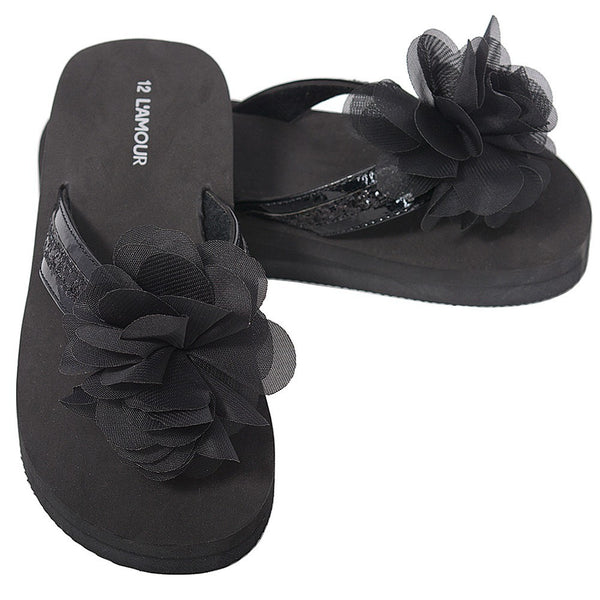 L'Amour Black Sequin Strap Flower Flip Flop Sandals Little Girls 11-4 - SophiasStyle.com