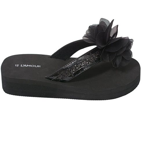 L'Amour Black Sequin Strap Flower Flip Flop Sandals Little Girls 11-4 - SophiasStyle.com