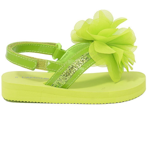 L'Amour Green Sequin Strap Flower Flip Flop Sandals Toddler Girls 5-10 - SophiasStyle.com