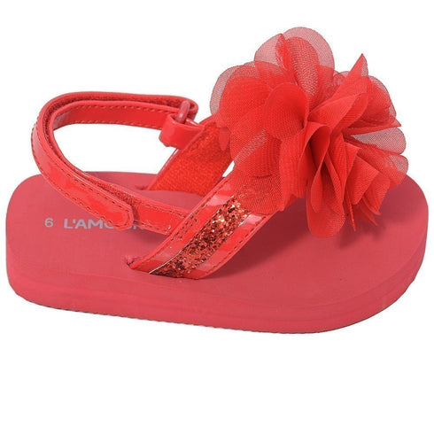 L'Amour Red Sequin Strap Flower Flip Flop Sandals Toddler Girls 5-10 - SophiasStyle.com