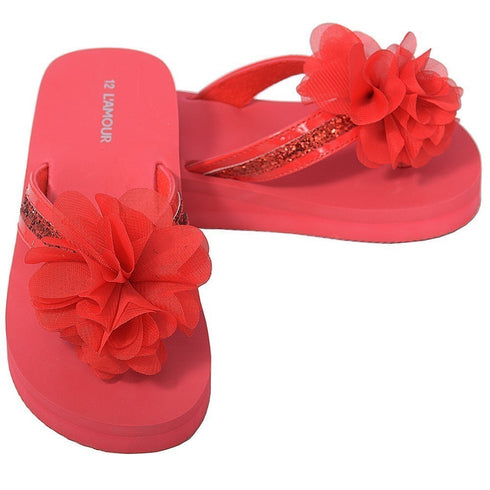 L'Amour Red Sequin Strap Flower Flip Flop Sandals Little Girls 11-4 - SophiasStyle.com