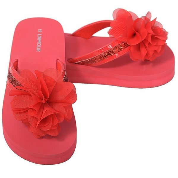 L'Amour Red Sequin Strap Flower Flip Flop Sandals Little Girls 11-4 - SophiasStyle.com