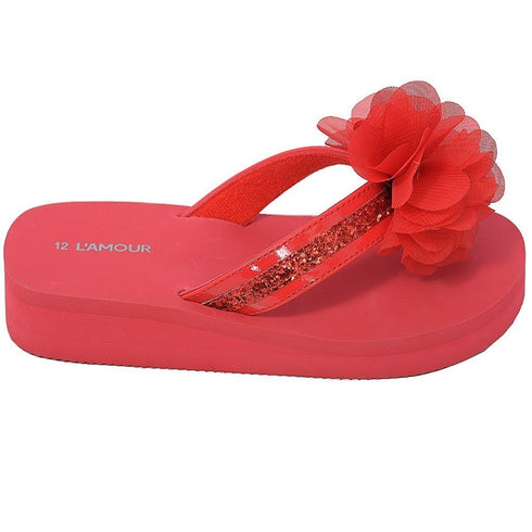 L'Amour Red Sequin Strap Flower Flip Flop Sandals Little Girls 11-4 - SophiasStyle.com
