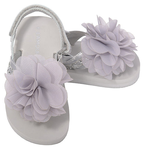 L'Amour Silver Sequin Strap Flower Flip Flop Sandals Toddler Girl 5-10 - SophiasStyle.com