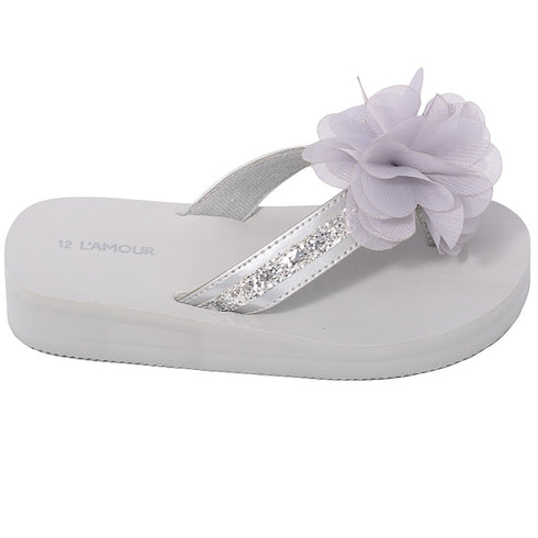 L'Amour Silver Sequin Strap Flower Flip Flop Sandals Little Girls 11-4 - SophiasStyle.com