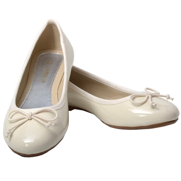 L'Amour Little Girls Cream Slip On Bow Flat Dress Shoes 8 Toddler - SophiasStyle.com