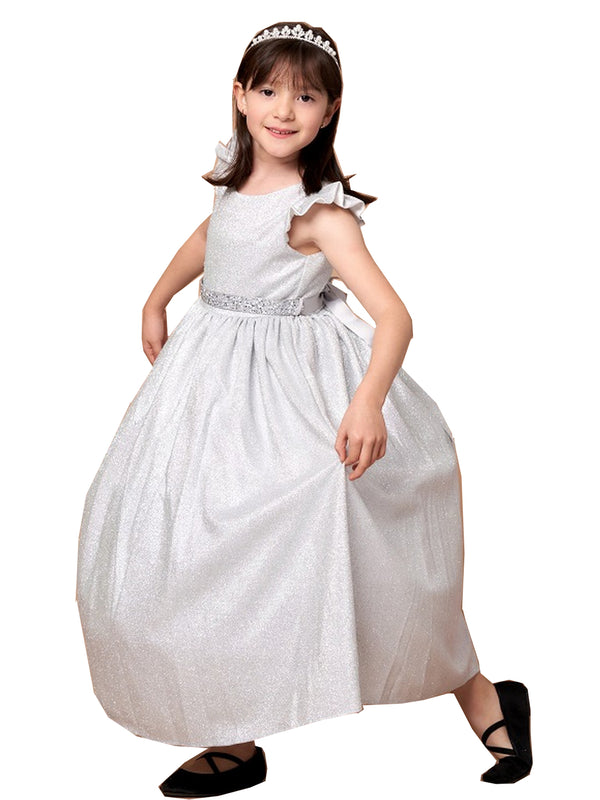 Big Girls Silver Metallic Flutter Sleeve Junior Bridesmaid Dress 8-16 - SophiasStyle.com