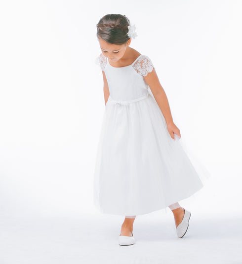 Sweet Kids Little Girls Off White Lace Sleeve Junior Bridesmaid Dress 7-12 - SophiasStyle.com