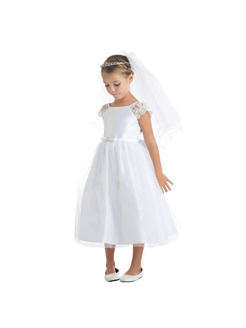 Sweet Kids Big Girls White Satin Lace Pearl Brooch Junior Bridesmaid Dress 7-12 - SophiasStyle.com