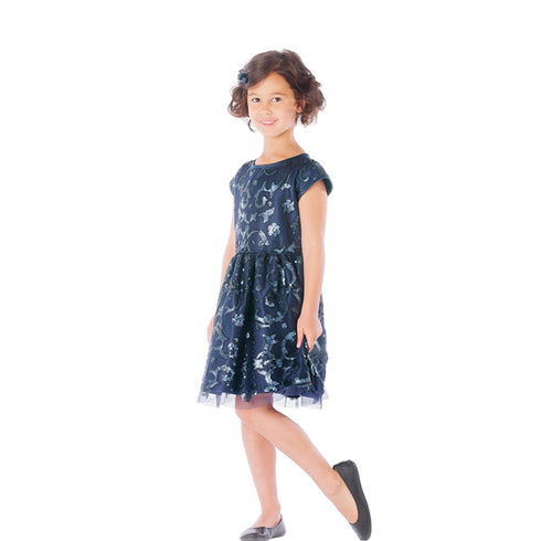 Sweet Kids Big Girls Navy Sparkle Sequin Mesh Satin Occasion Dress 7-16 - SophiasStyle.com