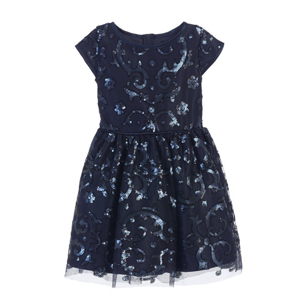 Sweet Kids Big Girls Navy Sparkle Sequin Mesh Satin Occasion Dress 7-16 - SophiasStyle.com