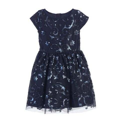 Sweet Kids Big Girls Navy Sparkle Sequin Mesh Satin Occasion Dress 7-16 - SophiasStyle.com