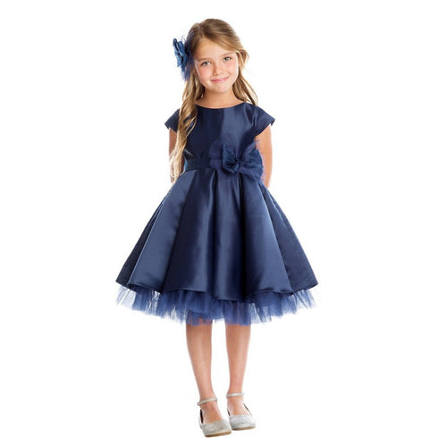 Sweet Kids Little Girls Navy Satin Full Pleated Bow Accent Christmas Dress 2-6 - SophiasStyle.com