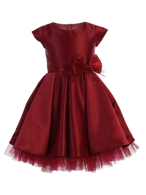 Sweet Kids Baby Girls Burgundy Full Pleated Satin Bow Flower Girl Dress 6-24M - SophiasStyle.com