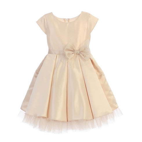 Sweet Kids Big Girls Champagne Satin Full Pleated Bow Christmas Dress 7-12 - SophiasStyle.com