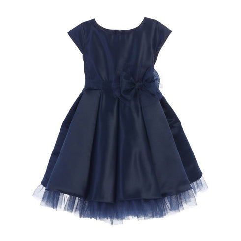 Sweet Kids Big Girls Navy Satin Full Pleated Bow Accent Christmas Dress 7-12 - SophiasStyle.com