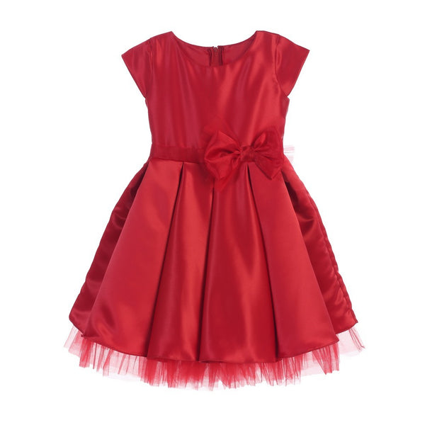 Sweet Kids Big Girls Red Satin Full Pleated Bow Accent Christmas Dress 7-12 - SophiasStyle.com