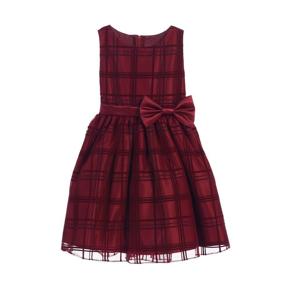 Sweet Kids Little Girls Burgundy Flocked Glitter Plaid Mesh Christmas Dress 2-6 - SophiasStyle.com