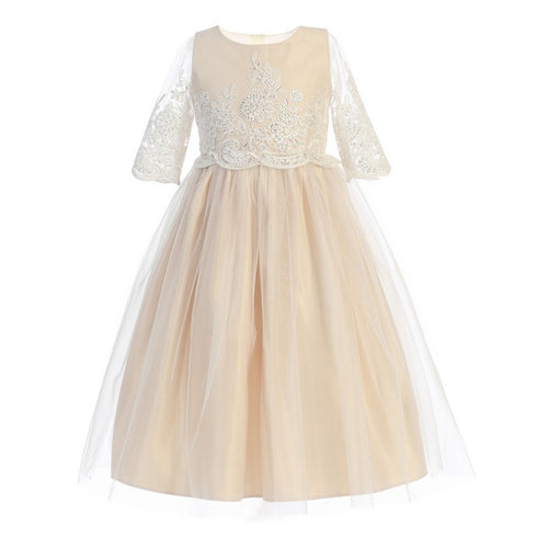 Sweet Kids Little Girls Champagne Sequin Cord Detail Flower Girl Dress 2-6 - SophiasStyle.com