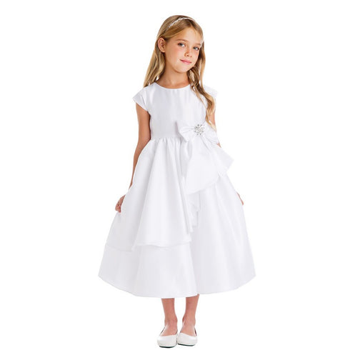 Sweet Kids Girls White Satin Cascading Ribbon Accent Communion Dress 6-16 - SophiasStyle.com