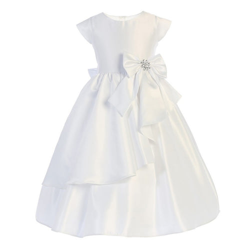 Sweet Kids Girls White Satin Cascading Ribbon Accent Communion Dress 6-16 - SophiasStyle.com