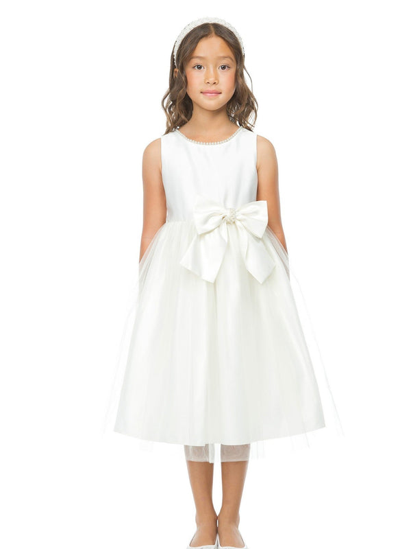 Sweet Kids Little Girls Ivory Satin Tulle Pearl Ribbon Flower Girl Dress 2-6 - SophiasStyle.com
