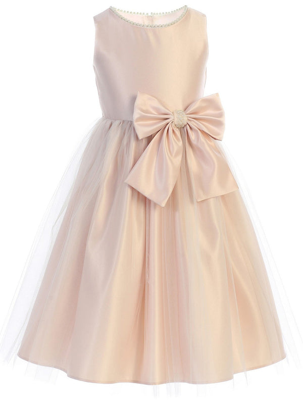 Sweet Kids Big Girls Blush Satin Tulle Pearl Ribbon Flower Girl Dress 7-12 - SophiasStyle.com
