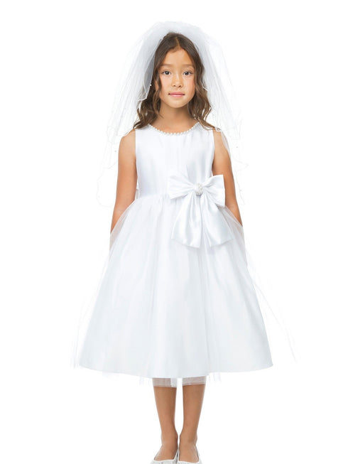 Sweet Kids Big Girls White Satin Tulle Pearl Ribbon Flower Girl Dress 7-12 - SophiasStyle.com