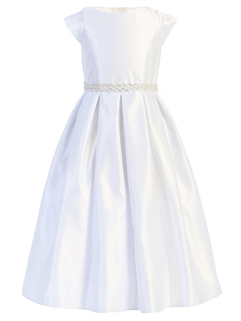 Sweet Kids Big Girls White Pleated Satin Pocketed Communion Dress 7-16 - SophiasStyle.com