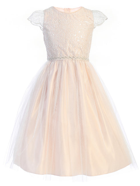 Girls Blush Cord Sequin Embroidered Lace Tulle Junior Bridesmaid Dress 7-16 - SophiasStyle.com