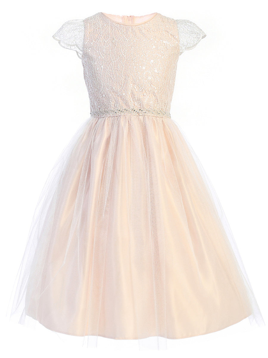 Girls Blush Cord Sequin Embroidered Lace Tulle Junior Bridesmaid