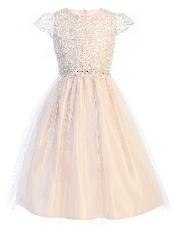 Girls Blush Cord Sequin Embroidered Lace Tulle Junior Bridesmaid Dress 7-16 - SophiasStyle.com