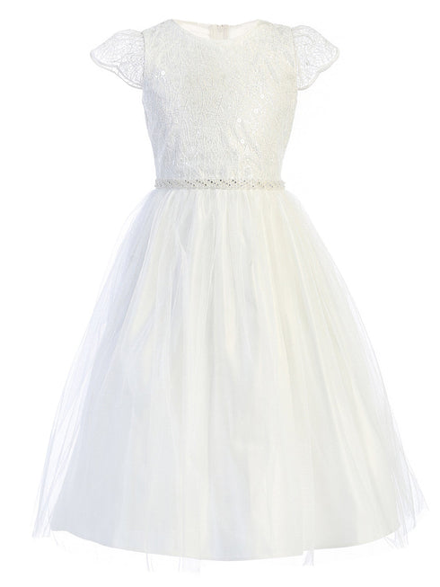 Big Girls Off White Cord Sequin Embroidered Lace Junior Bridesmaid Dress 7-16 - SophiasStyle.com