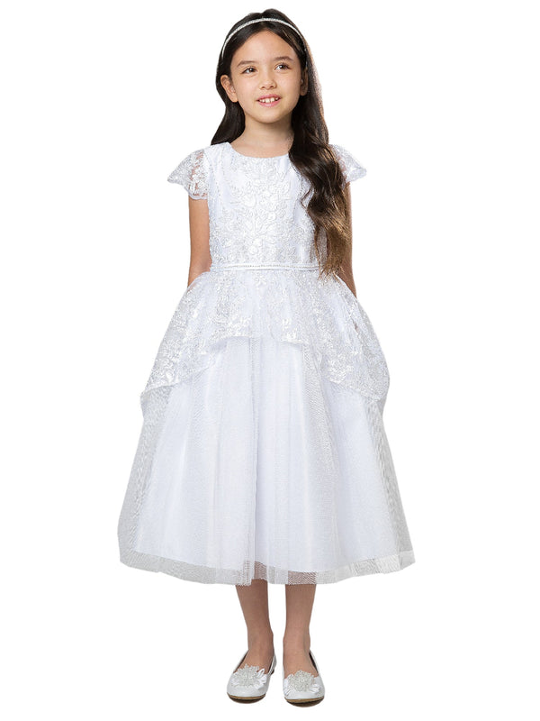 Girls White Sequin Floral Embroidered Lace Peplum Communion Dress 6-16 - SophiasStyle.com