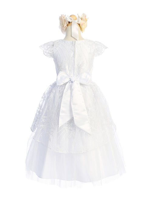 Girls White Sequin Floral Embroidered Lace Peplum Communion Dress 6-16 - SophiasStyle.com